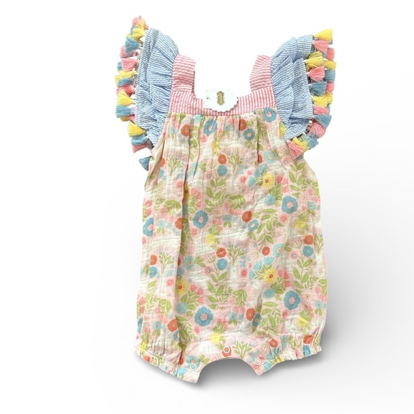 Mud Pie Other - NWT Mud Pie Floral Bunny Print Tassel Trim One Piece Gauze Bubble Romper